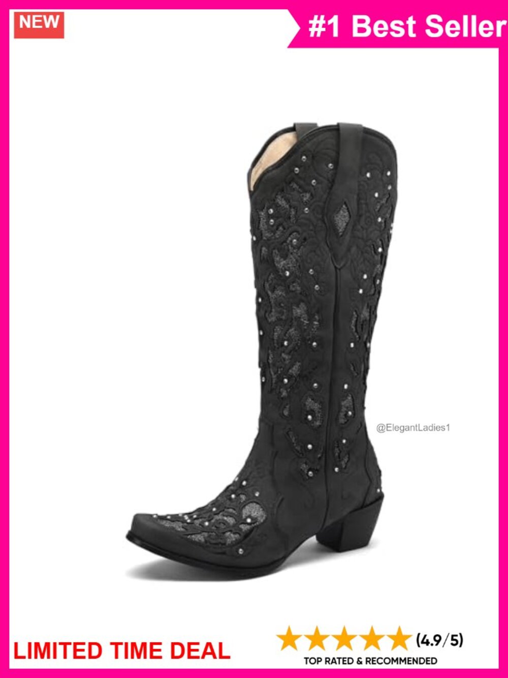 Women's Cowboy Boots Microfiber Rhinestone Knee High Chunky Heel Pointed Toe